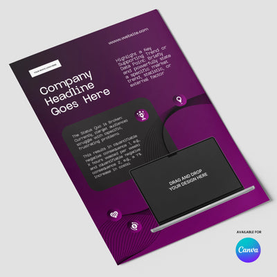The Forma 30 One Pager Template for Canva by More By Us | The Brand Store features a purple gradient, abstract curved lines, and white text boxes—plus a laptop graphic for your design. Perfect editable product or case study sheet for startups or tech sales teams.