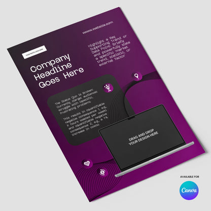 Promote your startup with the One Pager Template for Canva from the Forma 30 Collection—an editable purple flyer with white and black text, icons, and a laptop graphic. Perfect for product or case study sheets. Canva logo in the bottom right corner.