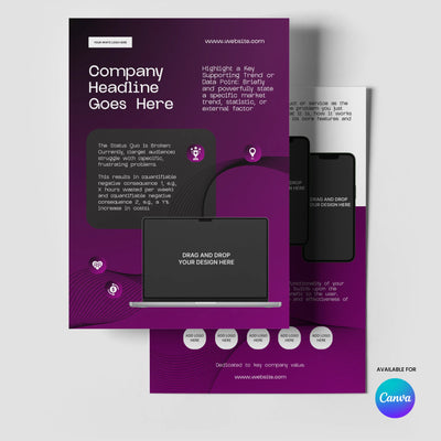 The Forma 30 One Pager Template for Canva by More By Us | The Brand Store features a purple gradient, editable text boxes, a blank laptop screen for images, and is perfect for tech startup sales sheets and case studies.
