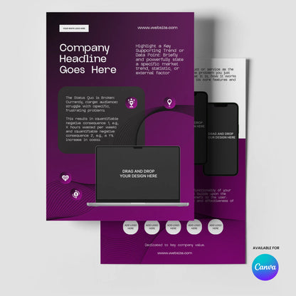 The One Pager Template for Canva - Forma 30 Collection features a purple gradient background, white text, and device placeholders—perfect as an editable product or case study sheet for tech startups and sales teams, with a Canva logo at bottom right.