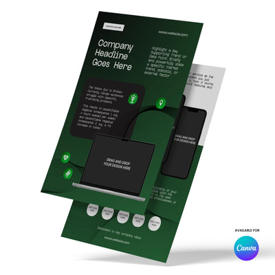 The One Pager Template for Canva – Forma 30 Collection by More By Us features green and black layouts with sections for headlines, descriptions, bullets, and tech image placeholders—ideal for SaaS or startup case studies. Ready to use in Canva.