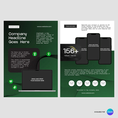 The One Pager Template for Canva – Forma 30 Collection | Green Tech & Startup Case Study Layout offers a 2-page business presentation design with dark green backgrounds, ideal for SaaS pitches, featuring laptop and smartphone graphics and prominent “156+” stat.