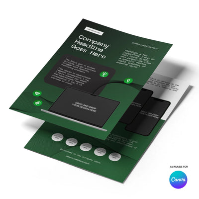 The "One Pager Template for Canva – Forma 30 Collection | Green Tech Startup Case Study Layout" by More By Us | The Brand Store features a green business flyer layout with headline, highlights, bullets, laptop graphic, and Canva logo.