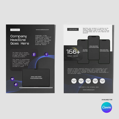 The "One Pager Template - Black Edition for Canva" from More By Us features two sleek, modern flyer designs—perfect for startups and sales teams—showcasing wave graphics, map icons, device mockups, and a Canva logo. Fully editable in Canva.