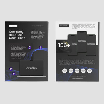 The One Pager Template - Black Edition for Canva Forma 30 Collection by More By Us | The Brand Store features two black brochure pages with purple wave graphics, device mockups, and placeholder text—ideal for startups’ pitch sheets and sales teams.