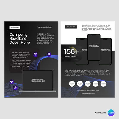 The One Pager Template - Black Edition for Canva by More By Us | The Brand Store features space for headlines and info, laptop and phone mockups, and abstract waves in black, blue, and white—perfect pitch sheet for startups. Part of the Forma 30 Collection.