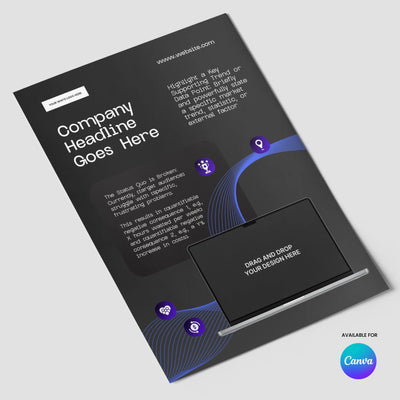 The One Pager Template - Black Edition for Canva from More By Us | The Brand Store offers bold headlines, a laptop graphic, icons, and description areas—ideal for startups or sales teams. Part of the Forma 30 Collection and features the Canva logo bottom right.