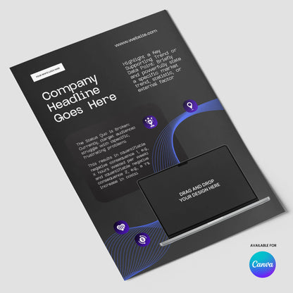 The One Pager Template - Black Edition for Canva from the Forma 30 Collection is a sleek product sheet for startups and sales teams, featuring white text, blue accents, a laptop mockup, and sample sections. Canva logo shown in the bottom right.