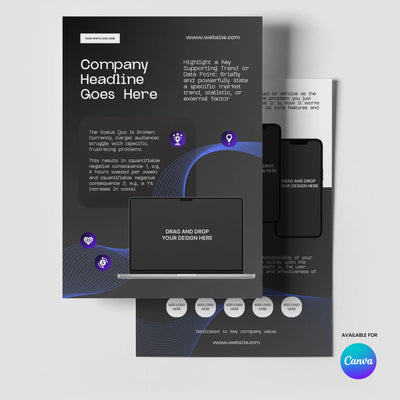 The One Pager Template - Black Edition for Canva by More By Us | The Brand Store features a sleek black and gray design with white text, purple icons, laptop illustration, and space for headlines—ideal for startup pitch sheets. Part of the Forma 30 Collection.