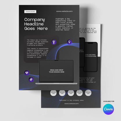 The One Pager Template - Black Edition for Canva | Forma 30 Collection features two sleek overlapping flyers with headline, website, bullet points, laptop image area, and Canva logo—perfect as a modern product sheet for startups and sales teams.