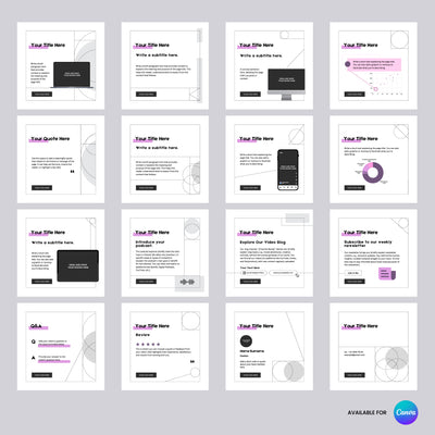 The Brand Store by More By Us offers the Forma 20 Collection: 16 minimalist Canva templates for posts, announcements promotions with geometric shapes and black, white, purple accents. Editable with placeholders; Canva branding at bottom right.
