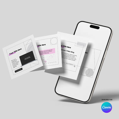 A smartphone shows three digital slides featuring text, charts, and designs made with Social Media Content Templates for Canva – Forma 20 Collection by The Brand Store by More By Us, highlighting their use for posts and promotions.