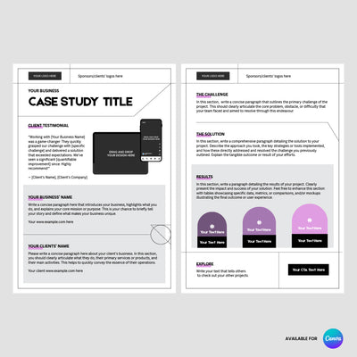 The Modern Impact Case Study Template for Canva from the Forma 20 Collection by The Brand Store by More By Us offers a customizable 2-page B2B layout with logo, testimonial, summary, challenge, solution, results CTA sections in black, white purple.