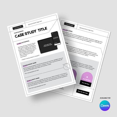 The Modern Impact Case Study Template for Canva—part of the Forma 20 Collection by The Brand Store by More By Us—shows two overlapping editable pages with sections for title, testimonials, business name, challenge, results, CTA, image placeholders, and Canva logo.