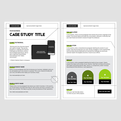 Showcase your startup’s project highlights and results with the Client Case Study Template—Editable Canva Layout from The Brand Store by More By Us. Features sections for business name, testimonial, challenge, solution, results, and three columns in a modern design.