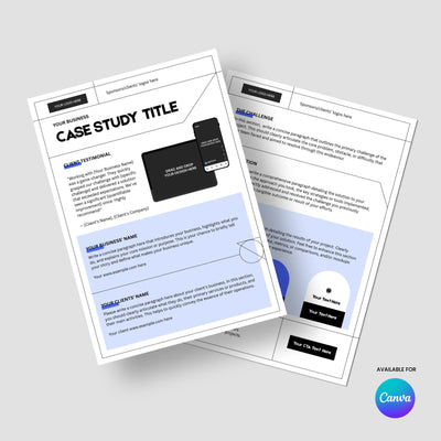 Two sheets of the "Case Study Template for Canva - Forma 20 Collection" by More By Us | The Brand Store are shown on a light gray surface, featuring editable sections for client results, projects, and testimonials. Canva logo appears in the corner.