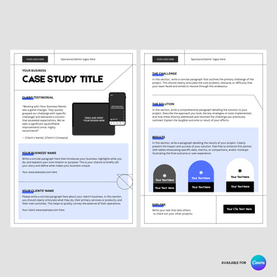 The Case Study Template for Canva - Forma 20 Collection by More By Us | The Brand Store is a two-page editable template for client results, projects, and testimonials with sections for challenge, solution, CTA, and includes logos, icons, and placeholder text.