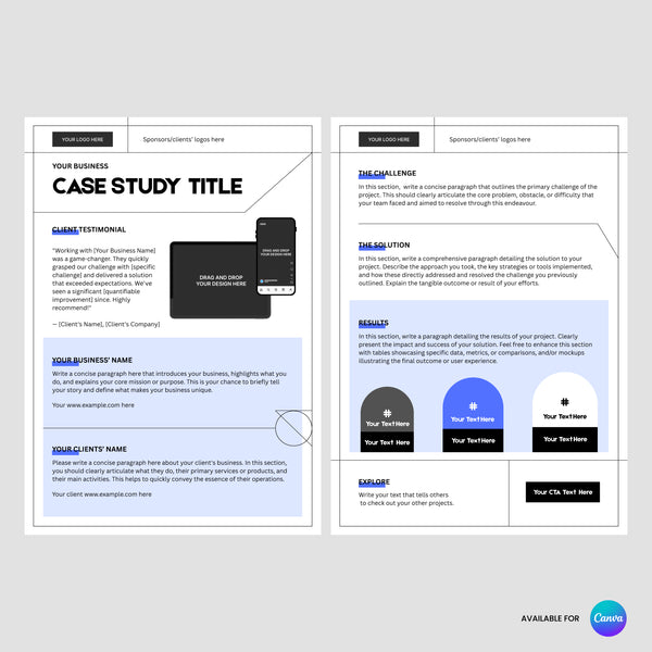 The Case Study Template for Canva - Forma 20 Collection is an editable one-pager for showcasing client results, projects, and testimonials with sections for challenge, solution, results, logos, contact info, and a modern design featuring icons and graphics in Canva.