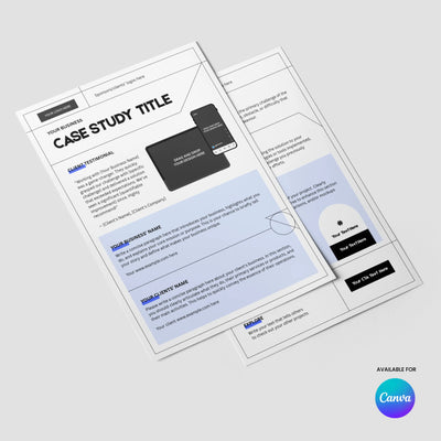 Two overlapping pages of the Case Study Template for Canva - Forma 20 Collection by More By Us | The Brand Store are shown on a light background, featuring editable sections for business name, client info, photo, and text, with a Canva logo in the lower right.