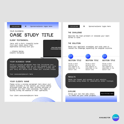 Showcase your startup's success with the Modern Case Study Template for Startups by The Brand Store by More By Us. This editable Canva layout from the Forma 30 Collection features blue, gray, and white blocks with sections for testimonial, challenge, solution, and results.