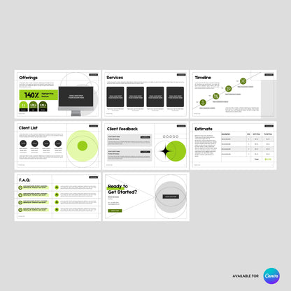 The Modern Services Proposal Template | Canva Editable, Forma 20 Edition features 8 black, white, and green slides for offerings, services, timeline, clients, feedback, estimate, FAQ & CTA. Canva logo appears bottom right.