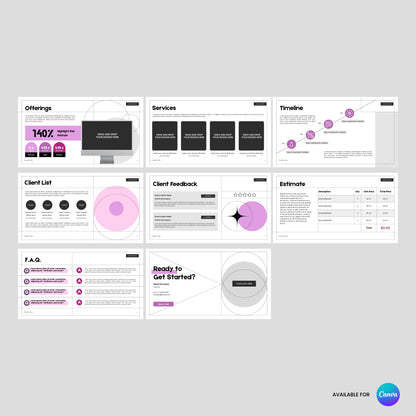 The Client Offer Deck Template from the Forma 20 Collection includes eight Canva-editable slides—offerings, services, timeline, clients, feedback, estimate, FAQ, and call to action—with modern black, white, and pink accents.