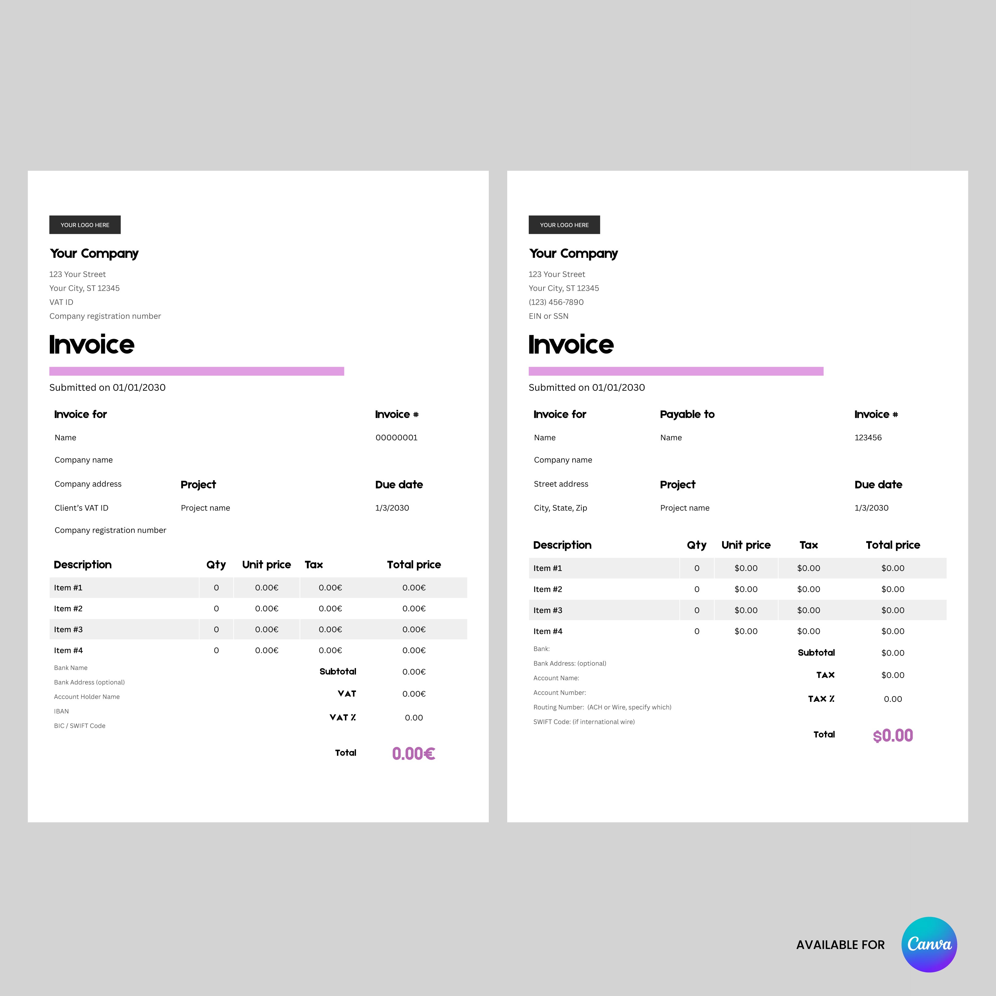 The Minimalist Invoice Template (EU & US Formats) – Canva Editable, Forma 20 Style displays two side-by-side templates on a gray background: one in euros, the other in US dollars, both with company info, project details, charges, tax/VAT, and total.