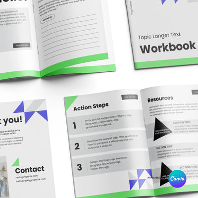 The Workbook Template for Canva – Forma 40 Edition by More By Us | The Brand Store features open pages with Action Steps, Resources, Thank You, and Contact sections, accented in green, gray, and purple. Fully editable; Canva logo is in the lower right corner.