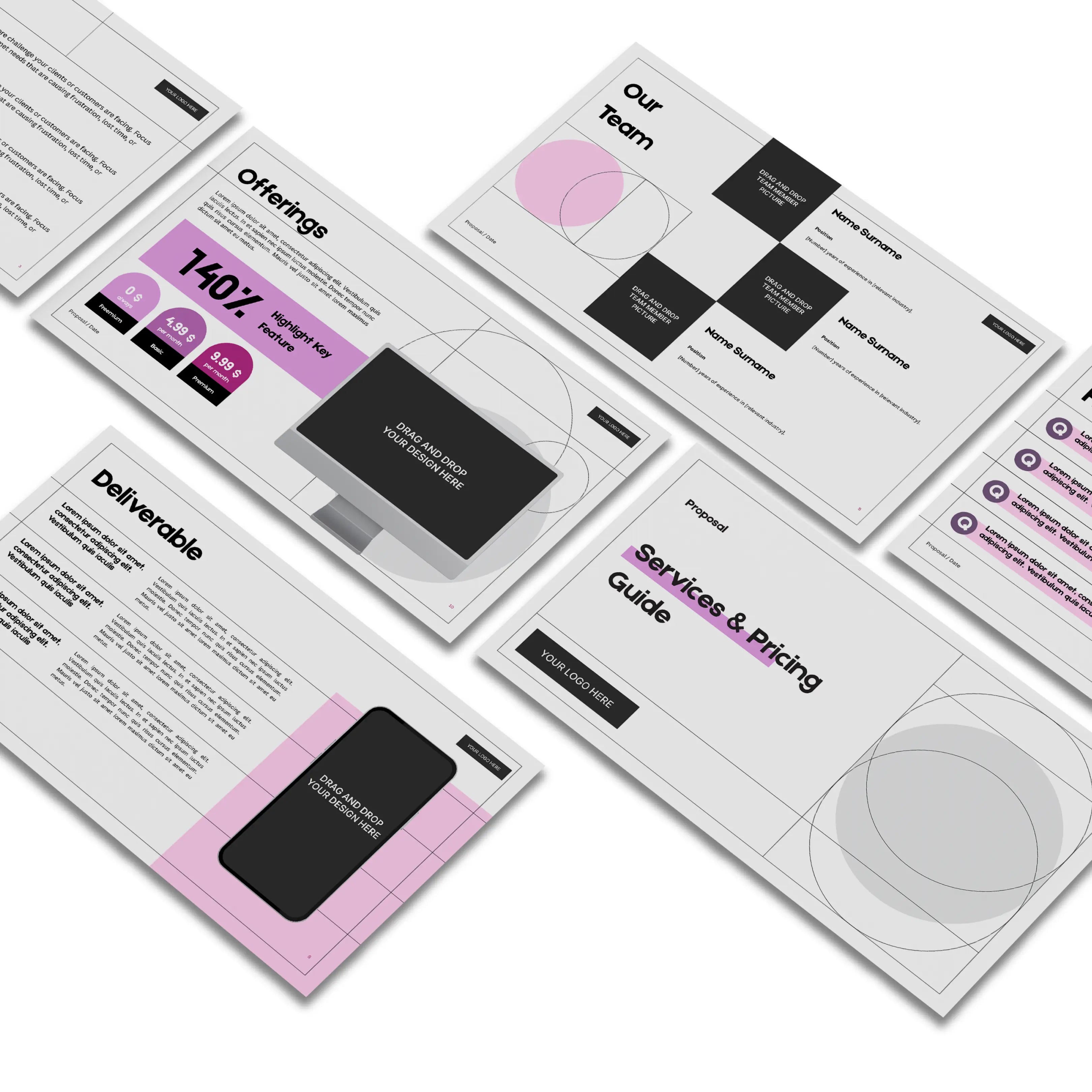 The Client Offer Deck Template from the Forma 20 Collection is a Canva-editable presentation featuring diagonal slides for Offerings, Our Team, Deliverables, and a Services & Pricing Guide, with a white background and black, gray & pink accents.