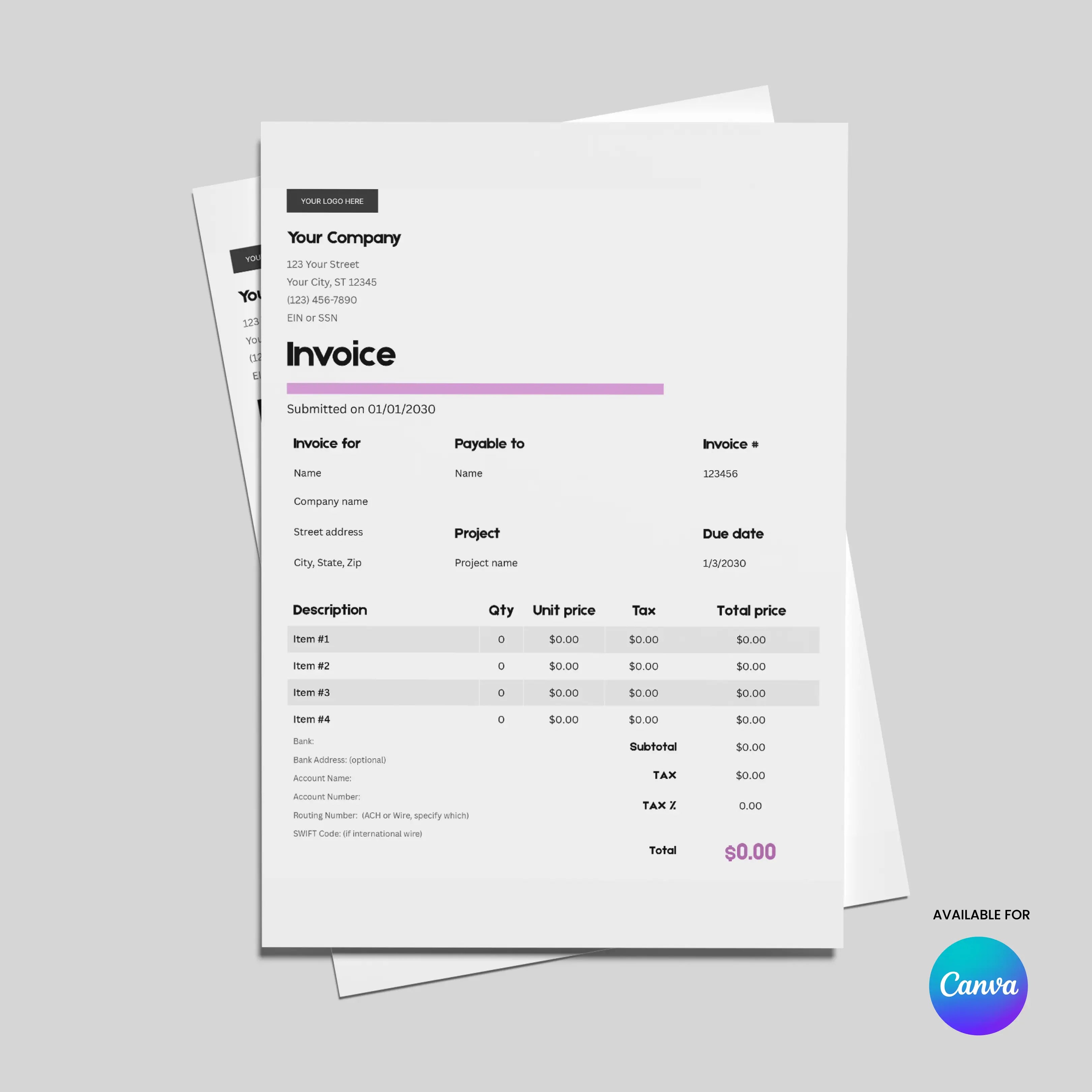 The Minimalist Invoice Template (EU & US Formats) – Canva Editable, Forma 20 Style features black and light purple accents, displays company and invoice details, itemized charges, totals, $0.00 balance, and a Canva logo in the bottom right corner.