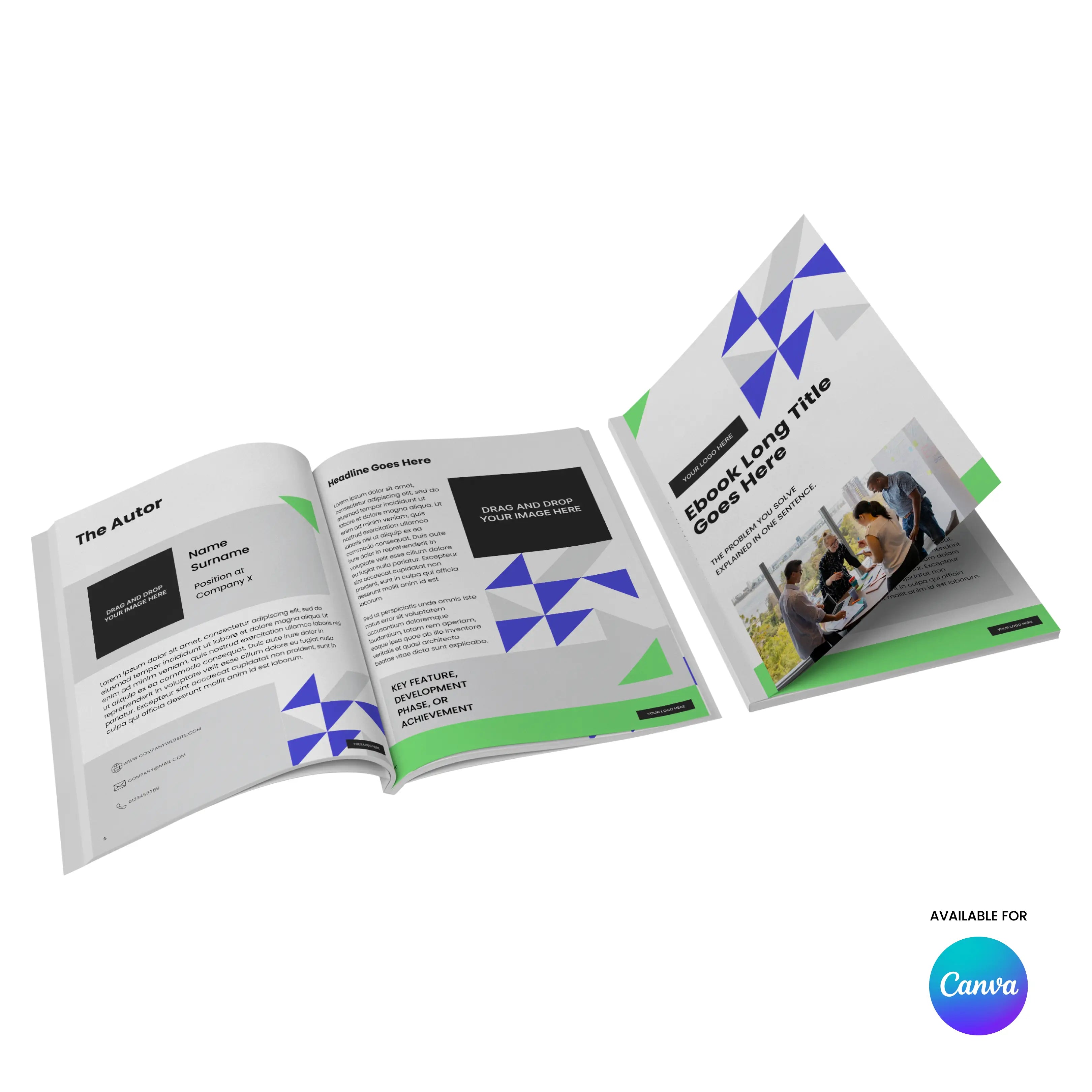 Get two editable eBook templates from the Forma 40 Collection for Canva, featuring geometric blue and green designs, group photo covers, placeholder text, and Canva logo—ideal for guides, reports, or lead magnets.