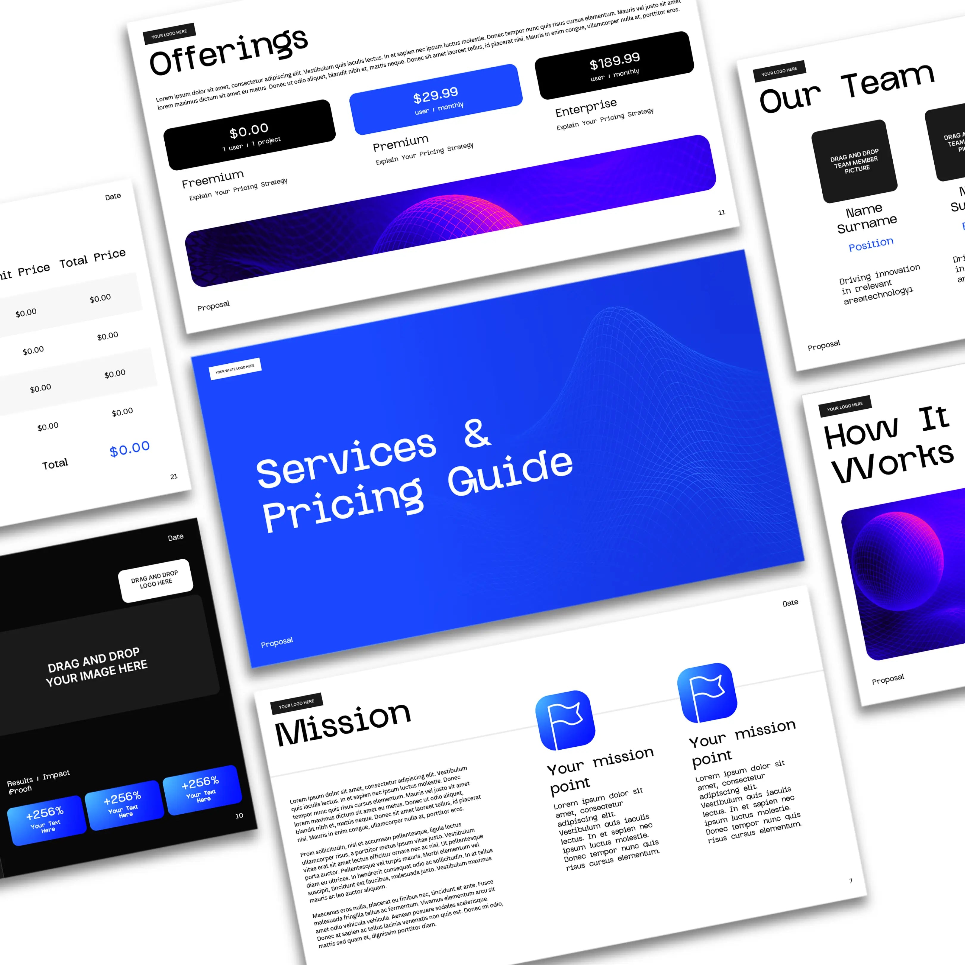 A collage of digital slides titled Offerings, Services & Pricing Guide, Mission, Our Team, and How It Works—all in blue, black, and white with abstract backgrounds. Features the Bold Blue Proposal & Pricing Template - Canva Editable | Forma 30.
