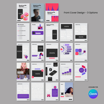 The Brand Store by More By Us offers the eBook Template for Canva – Bold Friendly Edition from the Forma 10 Collection, featuring 3 cover options, multiple layouts, pink/purple/black/white accents, and built-in images, icons, infographics, and charts.