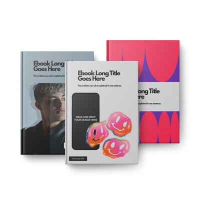 Three hardcover books overlap in this Canva eBook Template Bold Friendly, Forma 10 by The Brand Store by More By Us—featuring cartoon smileys, a portrait, and an abstract pattern—for standout digital publications and business guides.