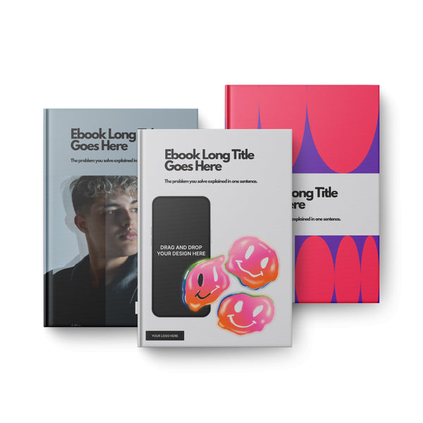 Three hardcover ebooks from the eBook Template for Canva - Bold & Friendly Edition | Forma 10 Collection overlap: the front has smiley faces, the left a portrait, and the right a pink and purple geometric Canva template—ideal as lead magnets.