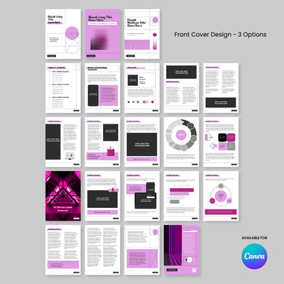 Preview of the Soft Grid eBook Template for Canva Forma 20 Collection by The Brand Store by More By Us, showing three customizable purple cover options and diverse interior layouts for reports, guides, and digital publications. Canva logo bottom right.