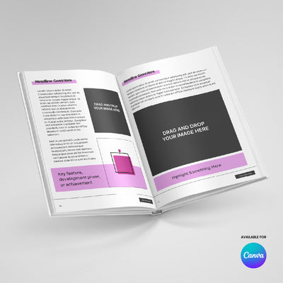 The Soft Grid eBook Template for Canva from The Brand Store by More By Us features an open magazine mockup with editable pages, image frames, and accents in black, gray, and purple. The Canva logo is visible in the bottom right corner.