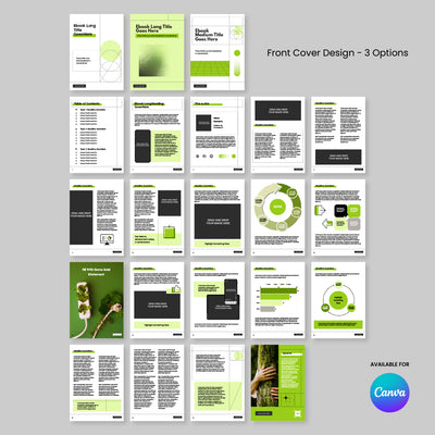 The Brand Store by More By Us offers the "eBook Template for Canva - Nature Edge Edition | Forma 20 Collection," a 20-page editable layout in green, black, and white with infographics, three cover options, and a bottom-right Canva logo—perfect for sustainability brands.