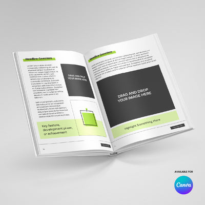 An open magazine displays the eBook Template for Canva - Nature Edge Edition from The Brand Store by More By Us, featuring editable layouts for wellness, sustainability lifestyle brands—perfect for polished, customizable presentations.