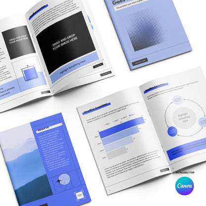 An overhead view of four open booklets with blue, black, and white page designs featuring charts, diagrams, and image placeholders from the eBook Template for Canva – Forma 20 Collection. The Canva ebook template logo appears at the bottom right.