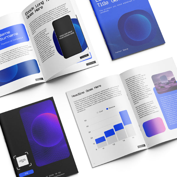Showcasing the eBook Template for Canva – Blue Gradient Edition, Forma 30 Collection: open and closed layouts with abstract blue designs, text blocks, bar charts, and image placeholders—ideal for reports, guides, or lead magnets. Editable in Canva.