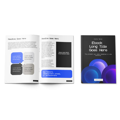 A flat lay featuring an open ebook with sample text and graphics beside a closed cover with abstract blue and purple circles—The Brand Store by More By Us eBook Template for Canva: Blue Gradient Edition Forma 30, editable for reports, guides lead magnets.