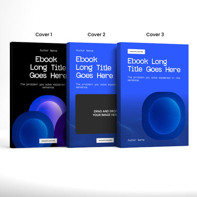 Three ebook covers from The Brand Store by More By Us feature the eBook Template for Canva - Blue Gradient Edition Forma 30 Collection, with geometric blue spheres, editable text fields, and black, medium blue, or bright blue backgrounds—perfect for reports or guides.