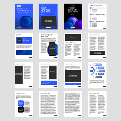 The Brand Store by More By Us presents the eBook Template for Canva - Blue Gradient Edition | Forma 30: a 16-page editable design with blue, black white elements—cover, TOC, author page, section headers, charts more. Perfect for reports, guides lead magnets.
