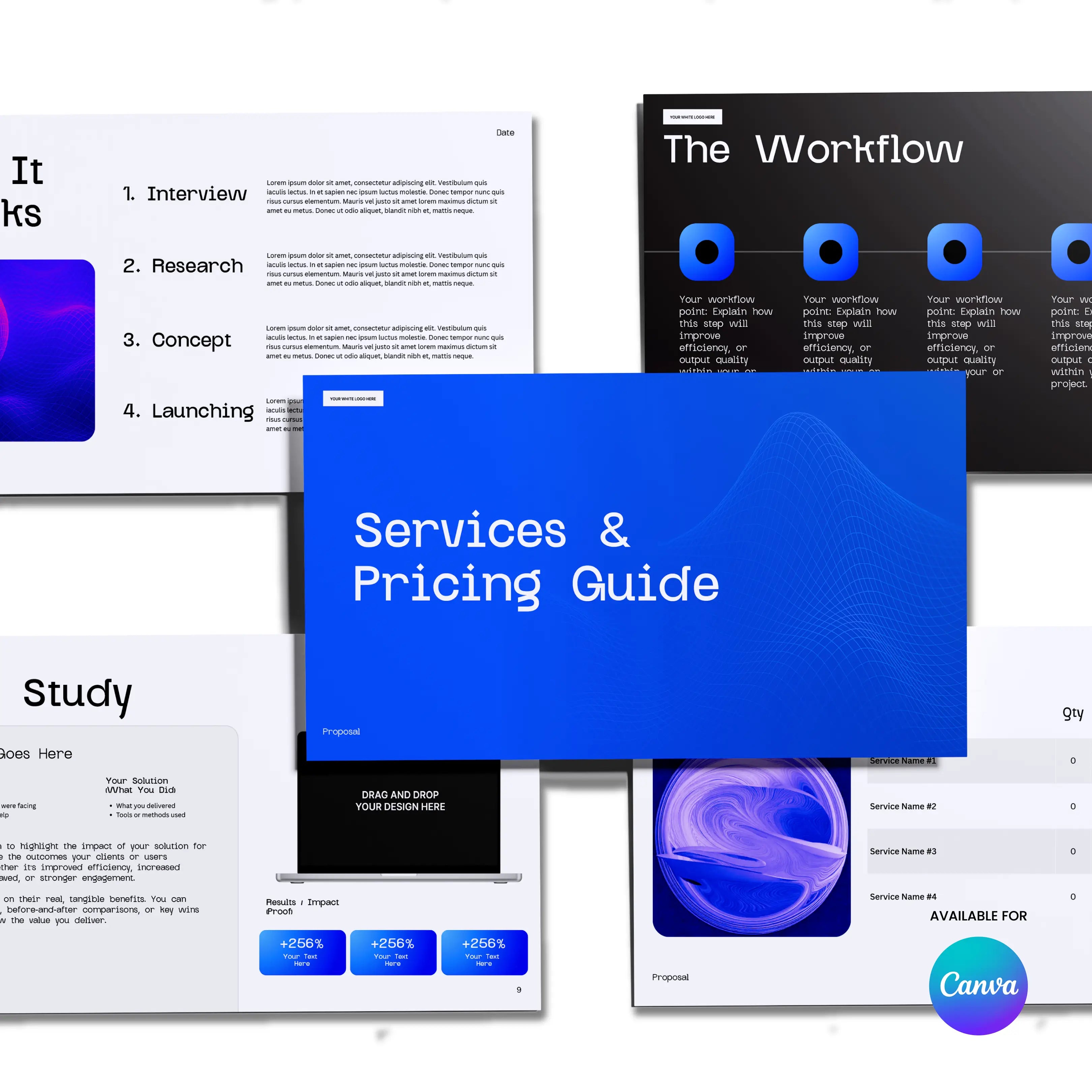 The Bold Blue Proposal & Pricing Template - Canva Editable | Forma 30 features a modern blue and white design with slides such as Interview, Research, Workflow, Case Study, and Services & Pricing Guide—ideal for editable client proposals.