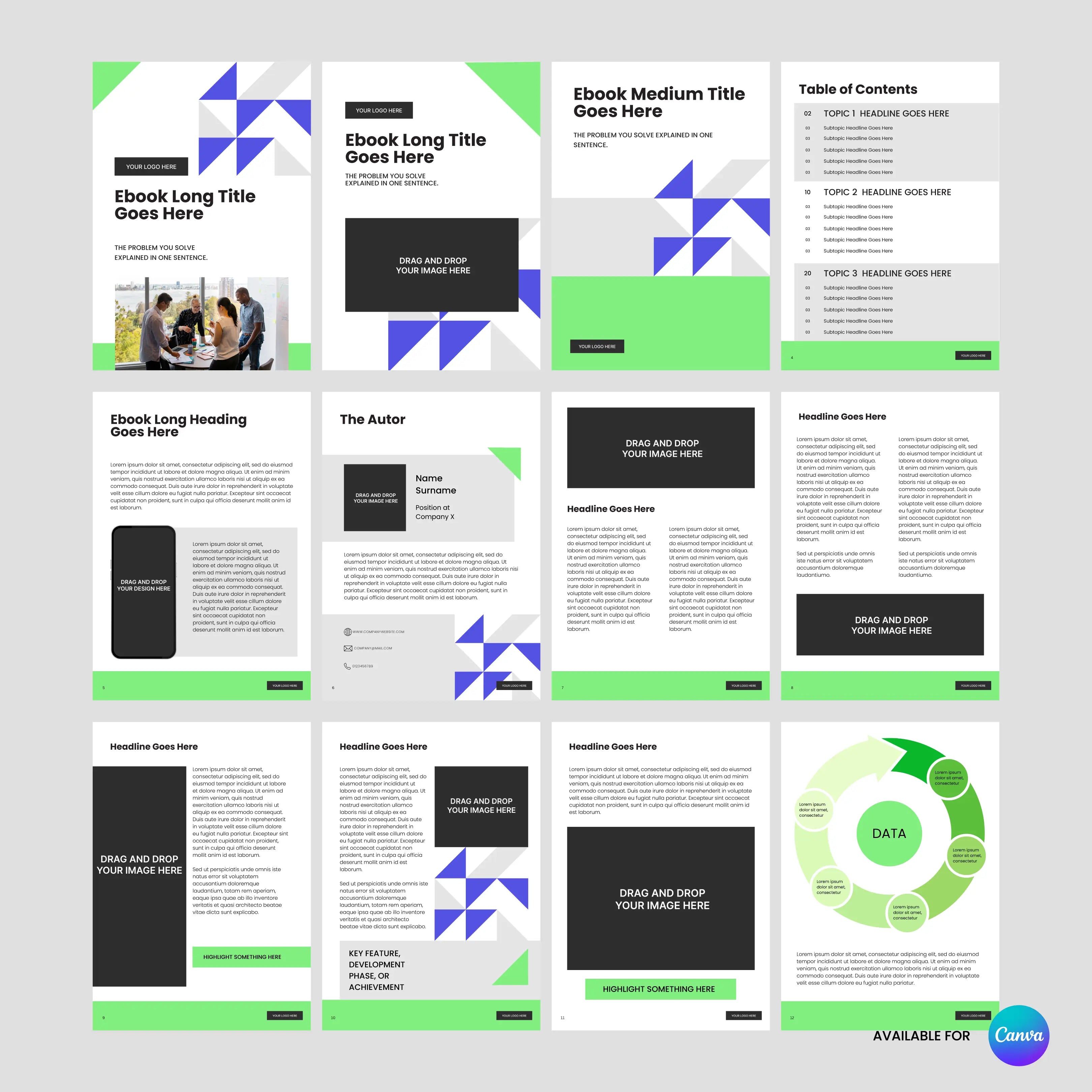 The Ebook Template for Canva from the Forma 40 Collection features 12 editable pages with geometric green, gray, blue, and white elements—ideal for guides, reports, and lead magnets. Includes ToC, author page & data diagrams. Canva logo in corner.