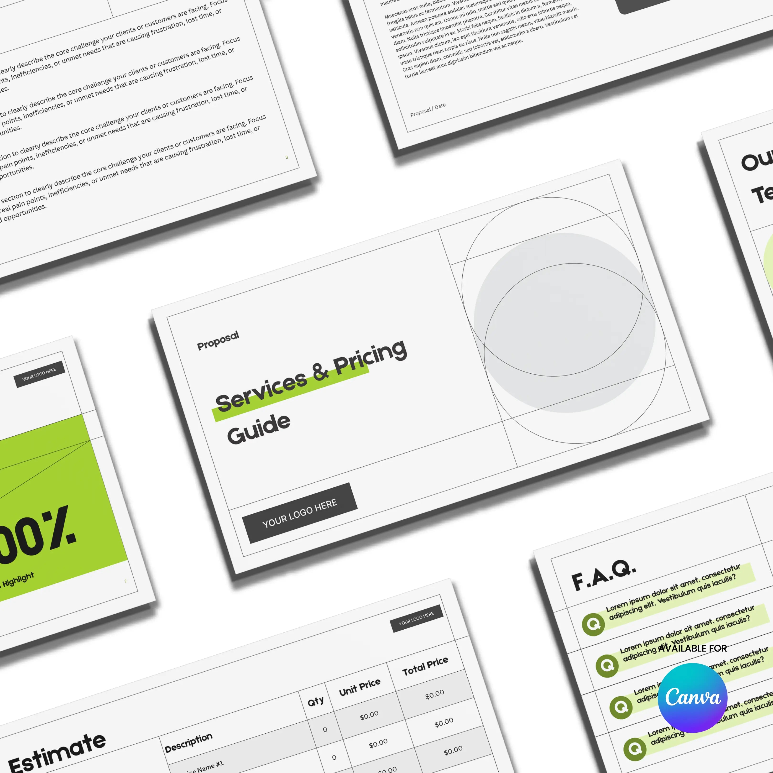 A flat lay of the Modern Services Proposal Template | Canva Editable, Forma 20 Edition shows business documents with a Services & Pricing Guide, estimate table, FAQ section, and slides in green accents and geometric designs on white.