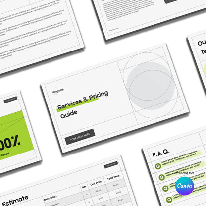A flat lay of the Modern Services Proposal Template | Canva Editable, Forma 20 Edition shows business documents with a Services & Pricing Guide, estimate table, FAQ section, and slides in green accents and geometric designs on white.