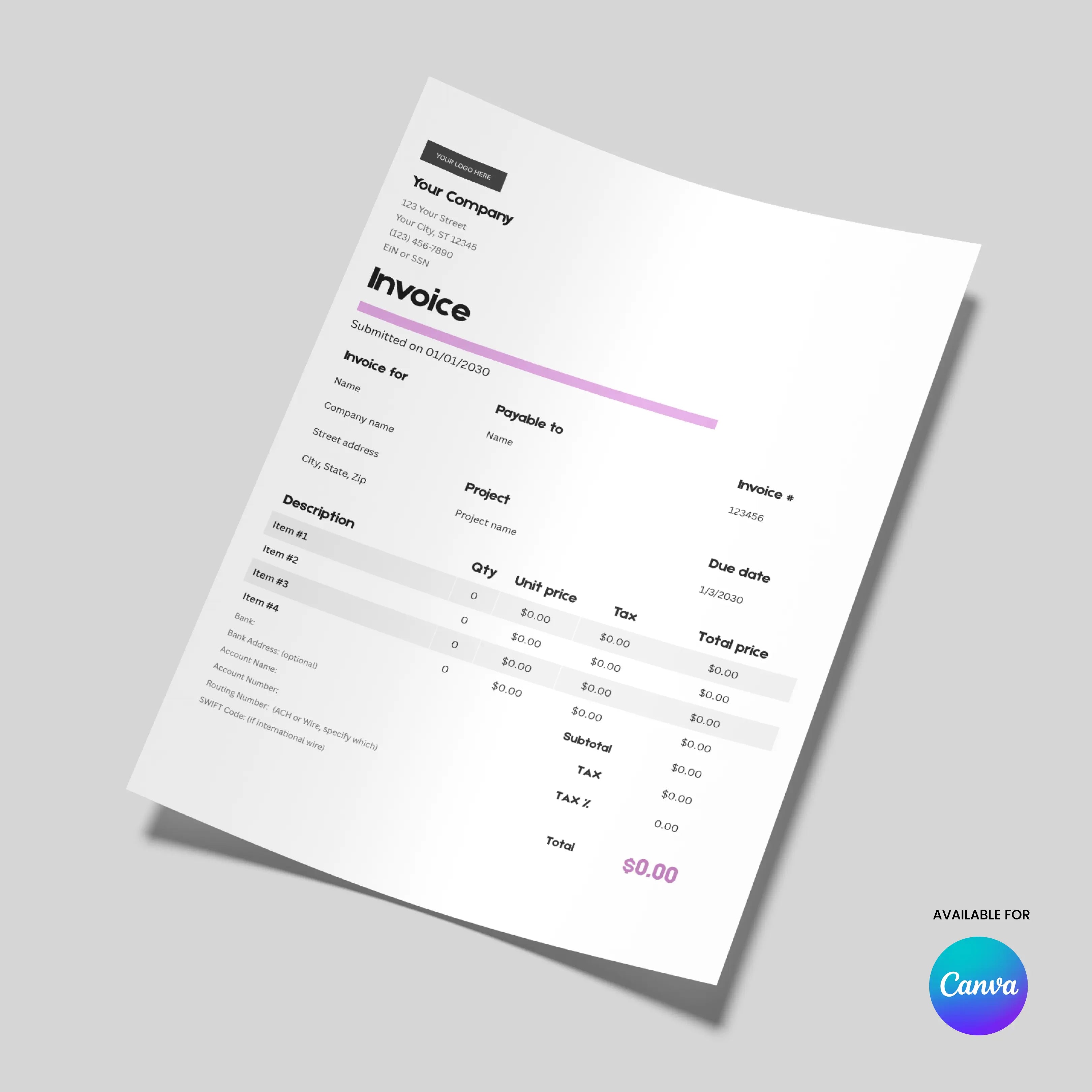 The Minimalist Invoice Template (EU & US Formats) – Canva Editable, Forma 20 Style features black and purple accents, itemized fields for quantities, prices, tax, a $0.00 total due, and the Canva logo in the bottom right corner.