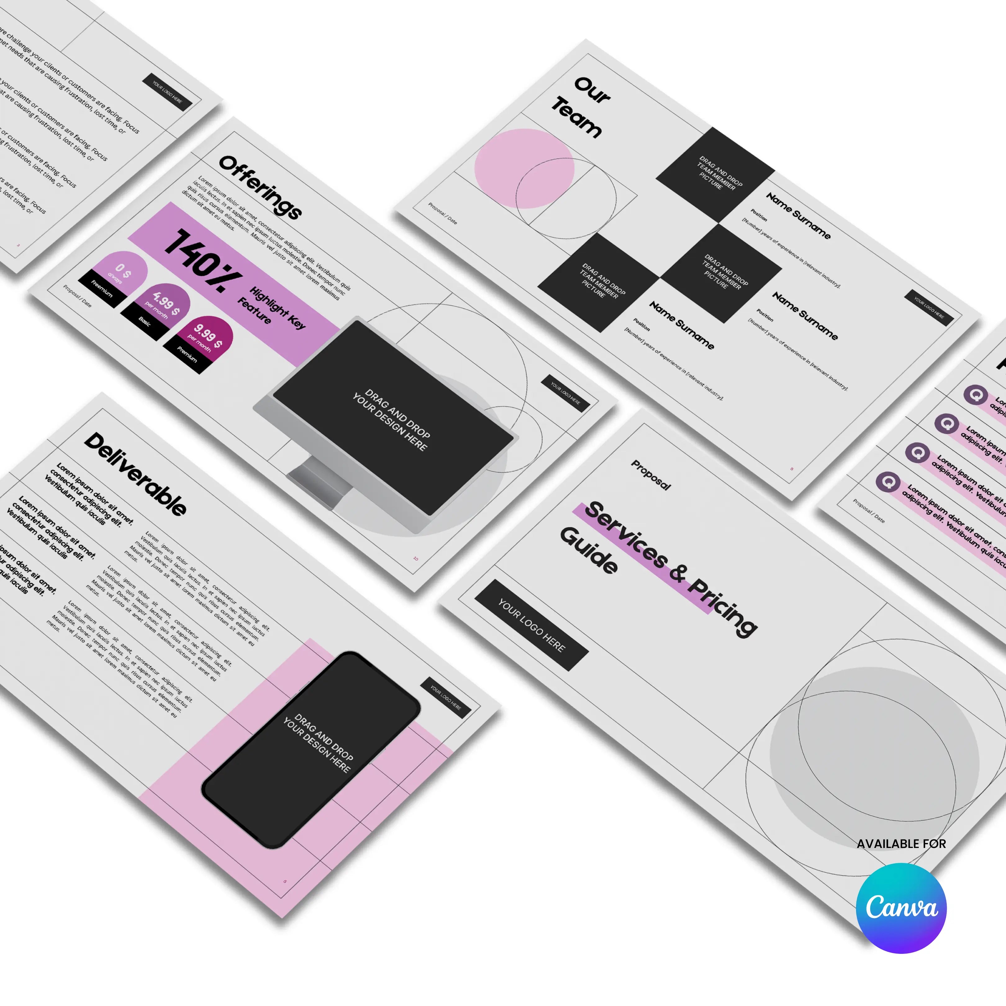 The Client Offer Deck Template from the Forma 20 Collection is a Canva-editable set of digital slides with pink accents, ideal for service proposals, featuring sections like Offerings, Our Team, and Pricing Guide.